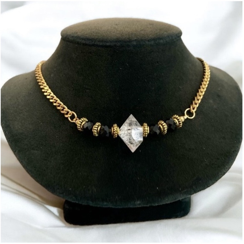 Herkimer diamond crystal quartz gold stainless steel boho black glass necklace